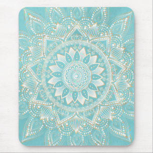 Elegant White Gold Mandala Sky Blue Design Mouse Mat