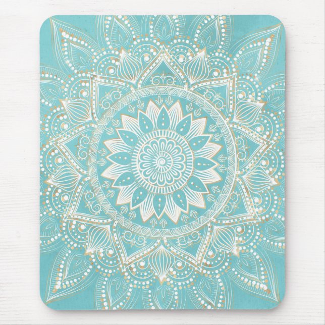 Elegant White Gold Mandala Sky Blue Design Mouse Mat (Front)