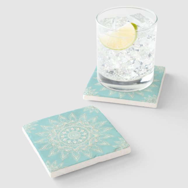 Elegant White Gold Mandala Sky Blue Design Stone Coaster (Side)