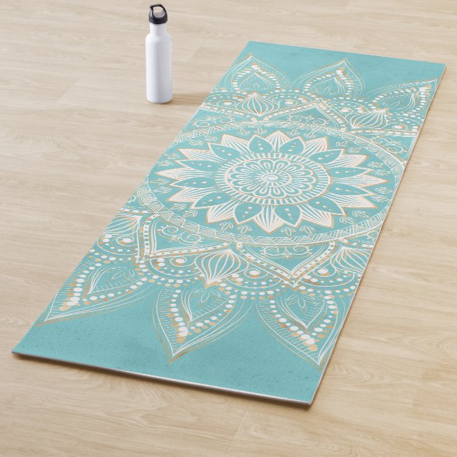 Elegant White Gold Mandala Sky Blue Design Yoga Mat (In Situ)