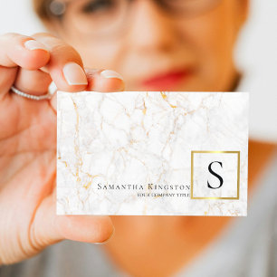 Elegant White & Gold Marble Monogram Business Card