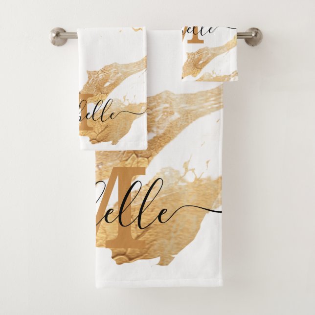 Elegant White Gold Marble Monogram Customisable Bath Towel Set (Insitu)