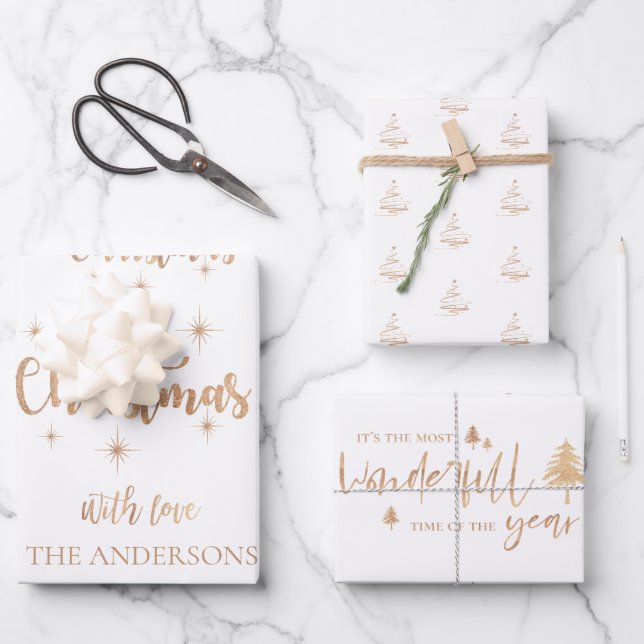 Elegant White Gold Merry Christmas Quote Gift Wrapping Paper Sheet (Front)