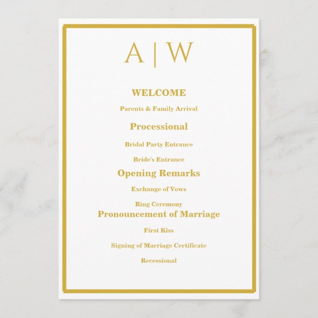 Elegant White Gold Minimal Wedding Program Card |  (Front)