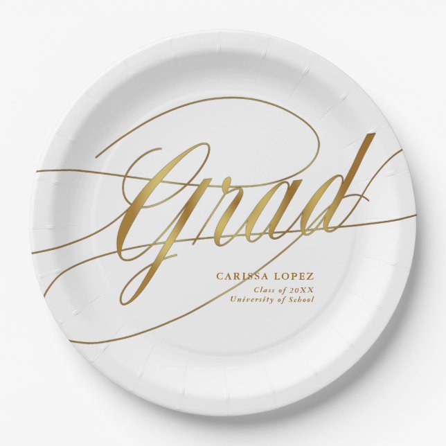 Elegant White & Gold Minimalist Grad Calligraphy Paper Plate (Front)
