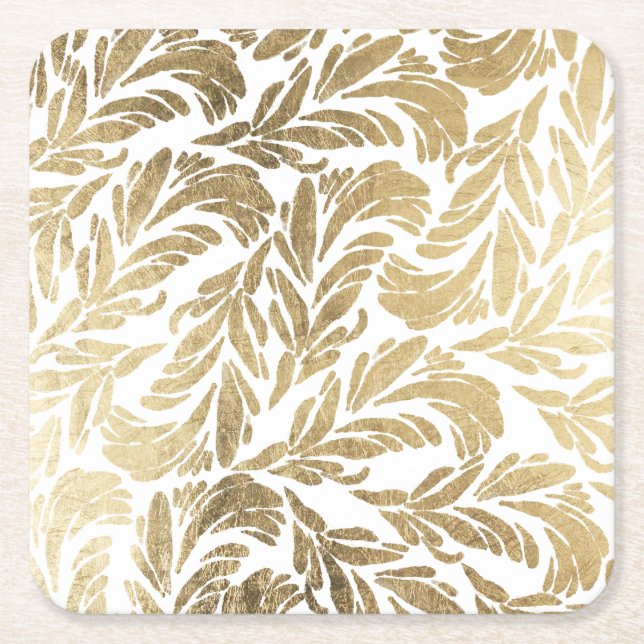 Elegant white gold modern floral damask square paper coaster (Front)