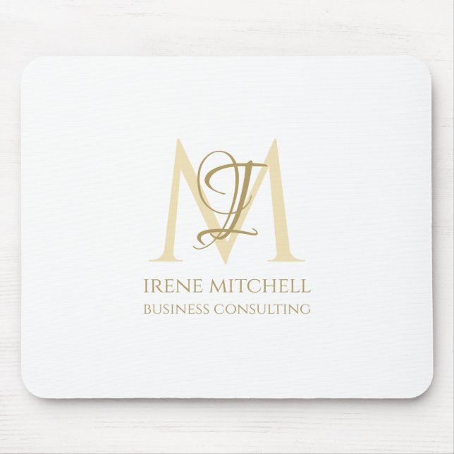 Elegant White Gold Modern Monogram Name Mouse Mat (Front)