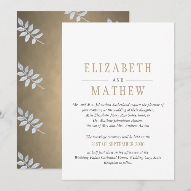 Elegant White Gold Modern Wedding Invitation (Front/Back)