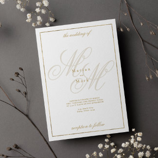 Elegant white gold monogram initials wedding  invitation