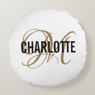Elegant white gold monogram name round pillow