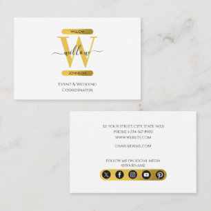 Elegant White & Gold Monogram Social Media Icons  Business Card