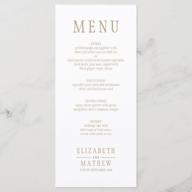 Elegant White Gold Name Wedding Menu (Front)