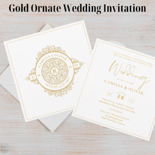 Elegant White Gold Ornate Square WEDDING Classic I Invitation