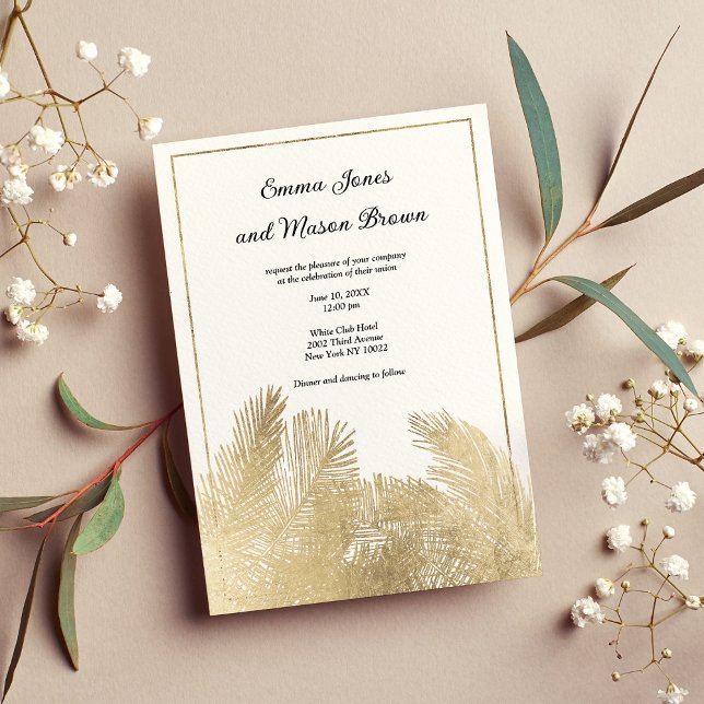 Elegant white gold palm tree tropical Wedding Invitation (Elegant white gold palm tree tropical Wedding )