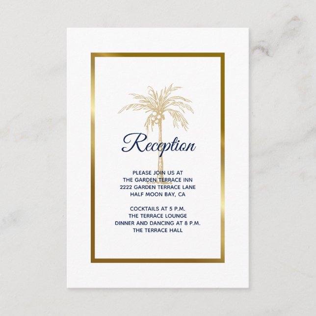 Elegant White Gold Palm Tree Wedding Reception Enclosure Card (Front)