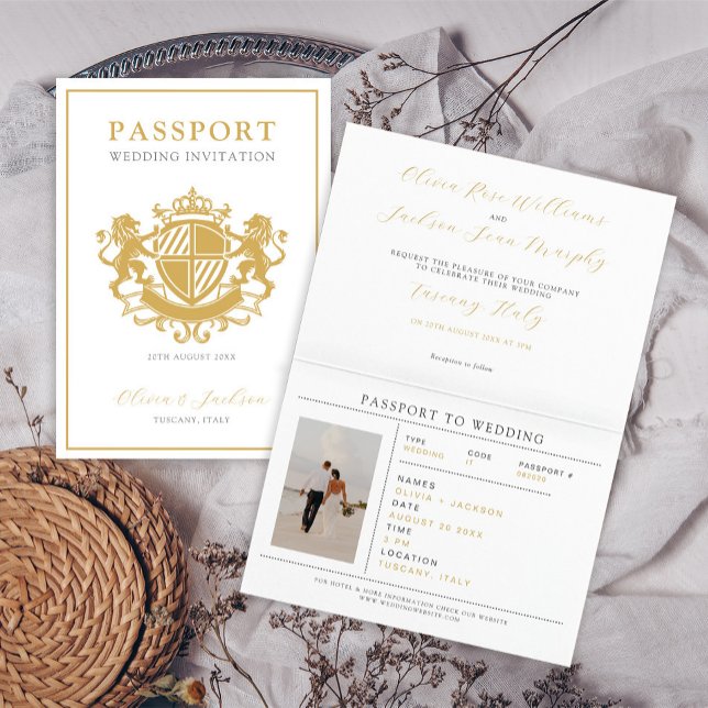 Elegant White & Gold Passport Destination Wedding  Invitation (Creator Uploaded)