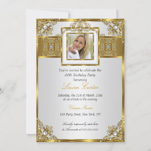 Elegant White Gold Pearl Damask Photo Birthday 2 Invitation