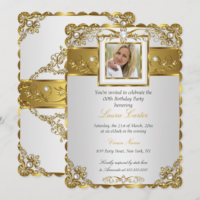 Elegant White Gold Pearl Damask Photo Birthday 3 Invitation (Front/Back)