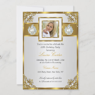 Elegant White Gold Pearl Damask Photo Birthday Invitation