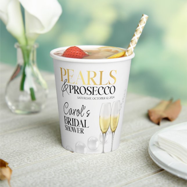 Elegant White Gold Pearls & Prosecco Bridal Shower Paper Cups (Insitu)
