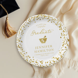 Elegant White Gold Pharmacy School Graduation Paper Plate