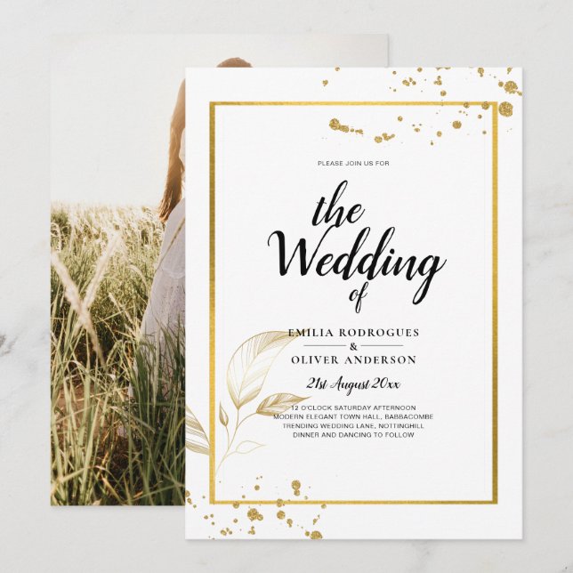 Elegant White & Gold Photo Wedding Invitation (Front/Back)