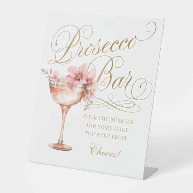 Elegant White Gold Pink Prosecco Bar Pedestal Sign (Front)