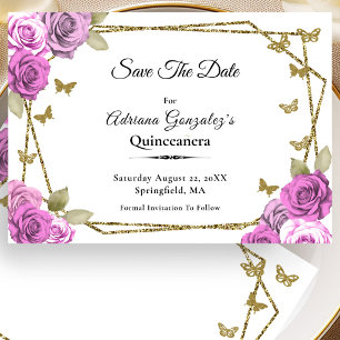 Elegant White Gold Pink Roses Quinceanera Save The Date