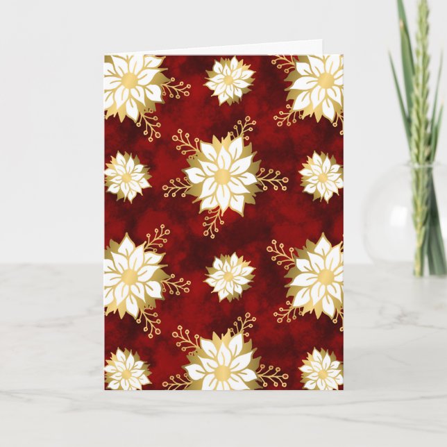 Elegant White Gold Poinsettia Flower Christmas Holiday Card (Front)