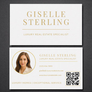 Elegant White Gold Real Estate Agent QR Code Photo Business Card
