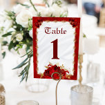Elegant White Gold Red Roses Wedding Table Number<br><div class="desc">Make your wedding day table decor your elegant best with gorgeous red roses. The beauty of the roses is highlighted by gold filigree and red metallic frame around white satin for a feeling of luxury. The table number stands out with complementary burgundy text.</div>