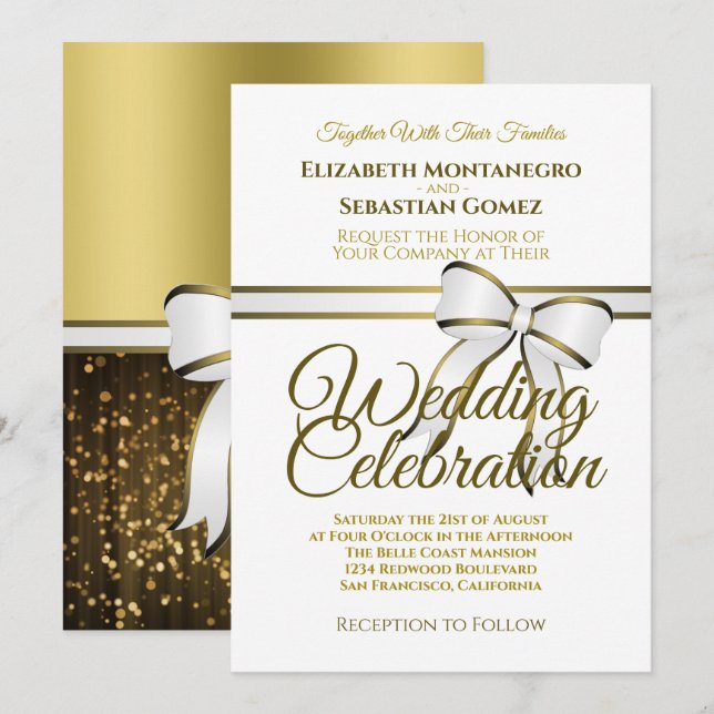 Elegant White & Gold Ribbon Wedding Invitation (Front/Back)