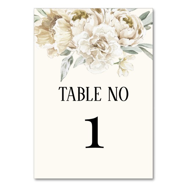 Elegant White gold rose calligraphy floral Wedding Table Number (Front)