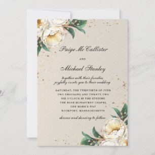 Elegant White Gold Rose Floral Wedding Invitation