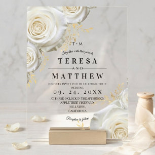 Elegant White & Gold Roses Florals Wedding Acrylic Invitations