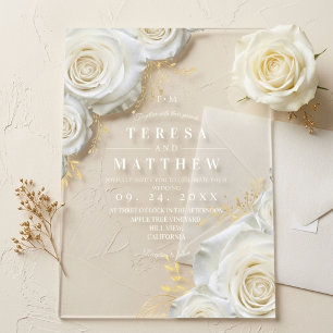 Elegant White Gold Roses Florals Wedding Acrylic Invitations