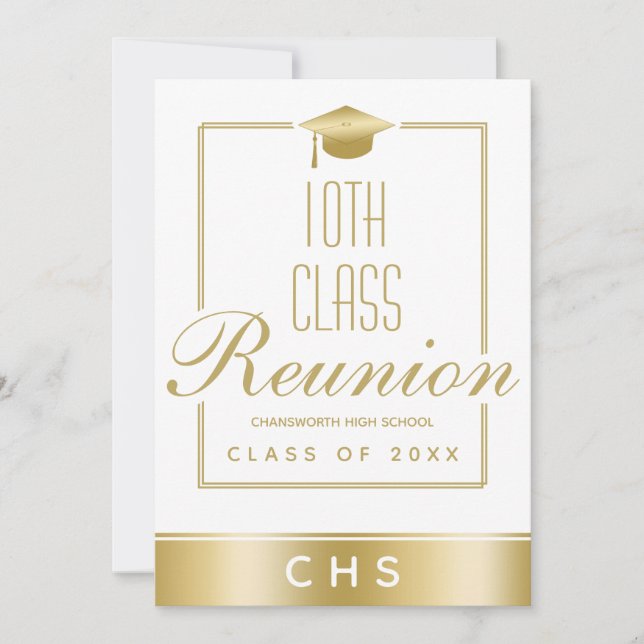 Elegant White Gold Script 10th Class Reunion Invitation (Front)