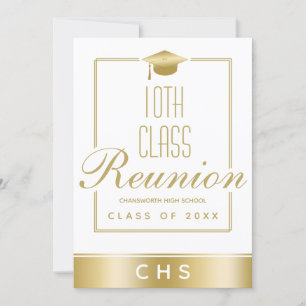 Elegant White Gold Script 10th Class Reunion Invitation