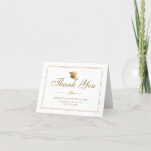 Elegant White Gold Script Cap Graduation Thank You Card