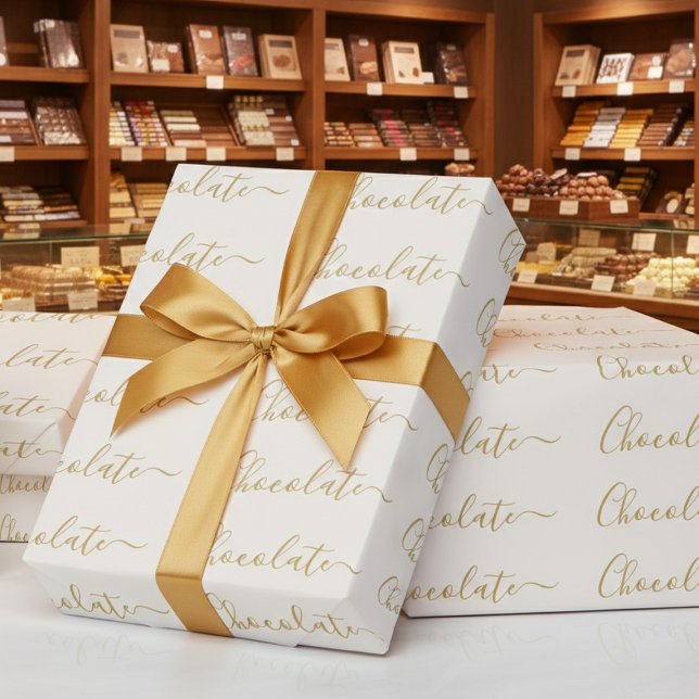 Elegant White Gold Script Chocolate Business Wrapping Paper (Creator Uploaded)