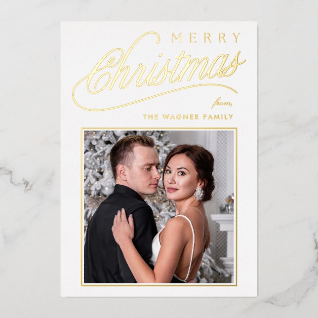 Elegant White Gold Script Merry Christmas Photo Foil Holiday Card (Front)