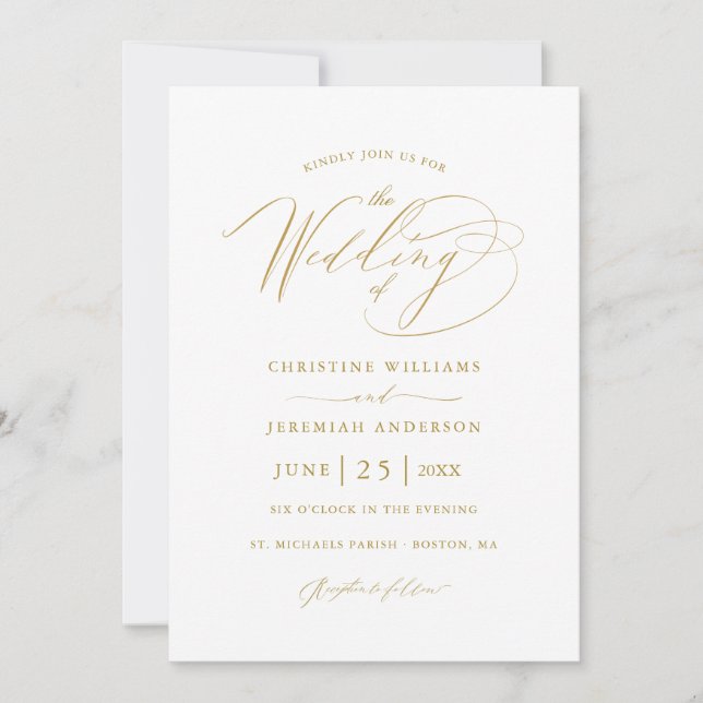 Elegant White Gold Script Minimalist Wedding Invitation (Front)