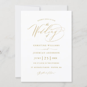 Elegant White Gold Script Minimalist Wedding Invitation