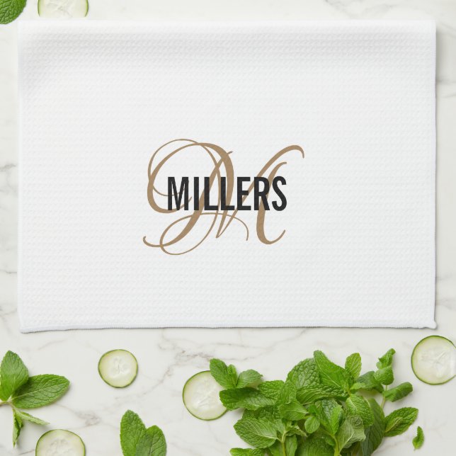 Elegant White Gold Script Monogram Family Name Tea Towel (Folded)