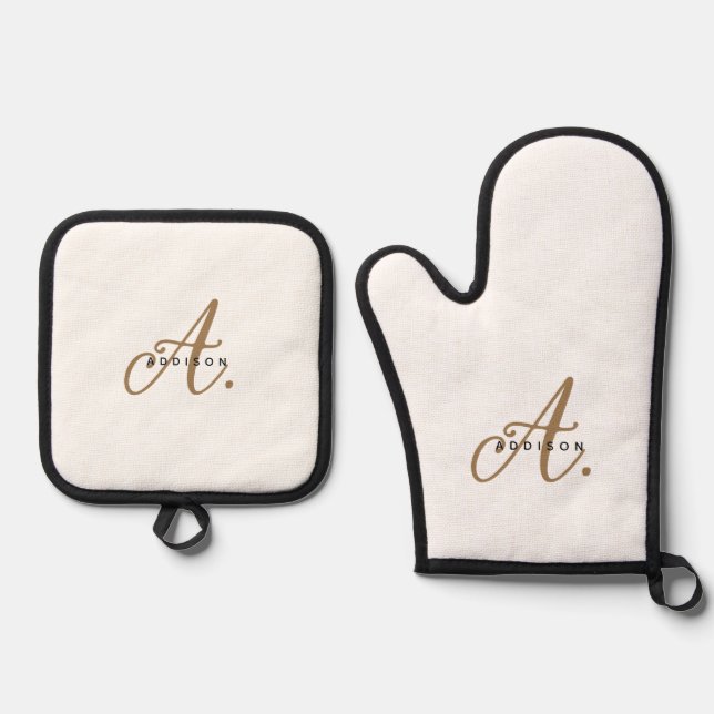 Elegant White Gold Script Monogram Oven Mitt & Pot Holder Set (Front)