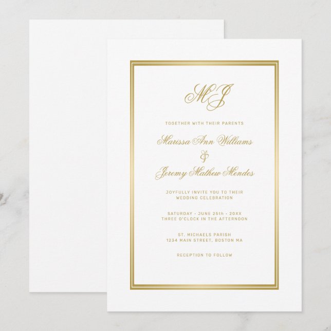 Elegant White Gold Script Monogram Wedding Invitation (Front/Back)