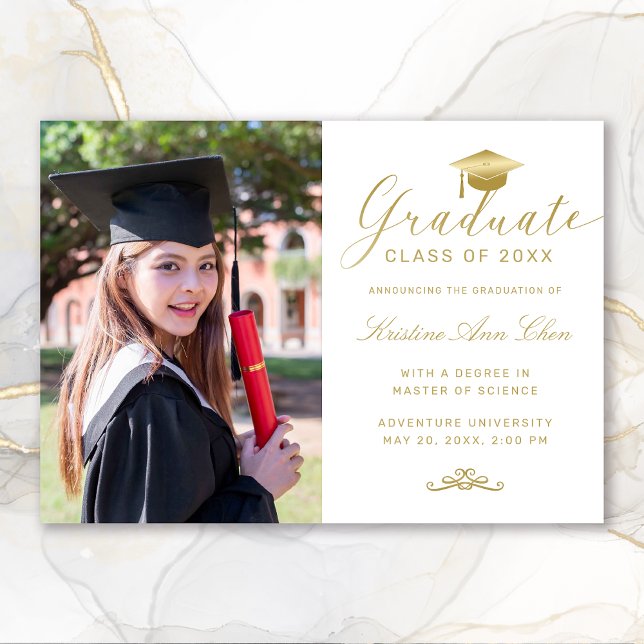 Elegant White Gold Script Photo Graduation Announcement (Elegant White Gold Calligraphy Photo Graduation Announcement)
