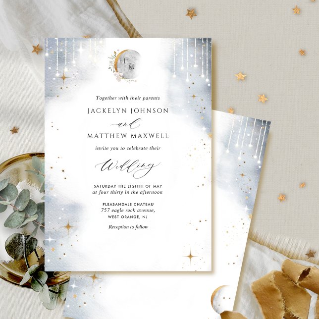 Elegant White Gold Silver Celestial Starry Wedding Invitation (Creator Uploaded)