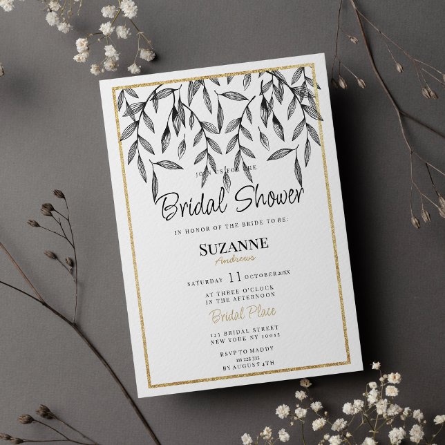 Elegant white gold simple floral Bridal Shower Invitation (Elegant white gold simple floral Bridal Shower)