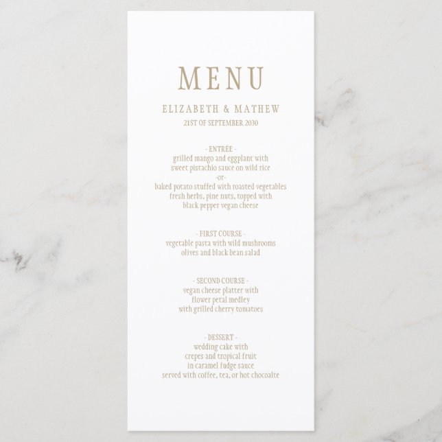Elegant White Gold Simple Wedding Menu (Front)